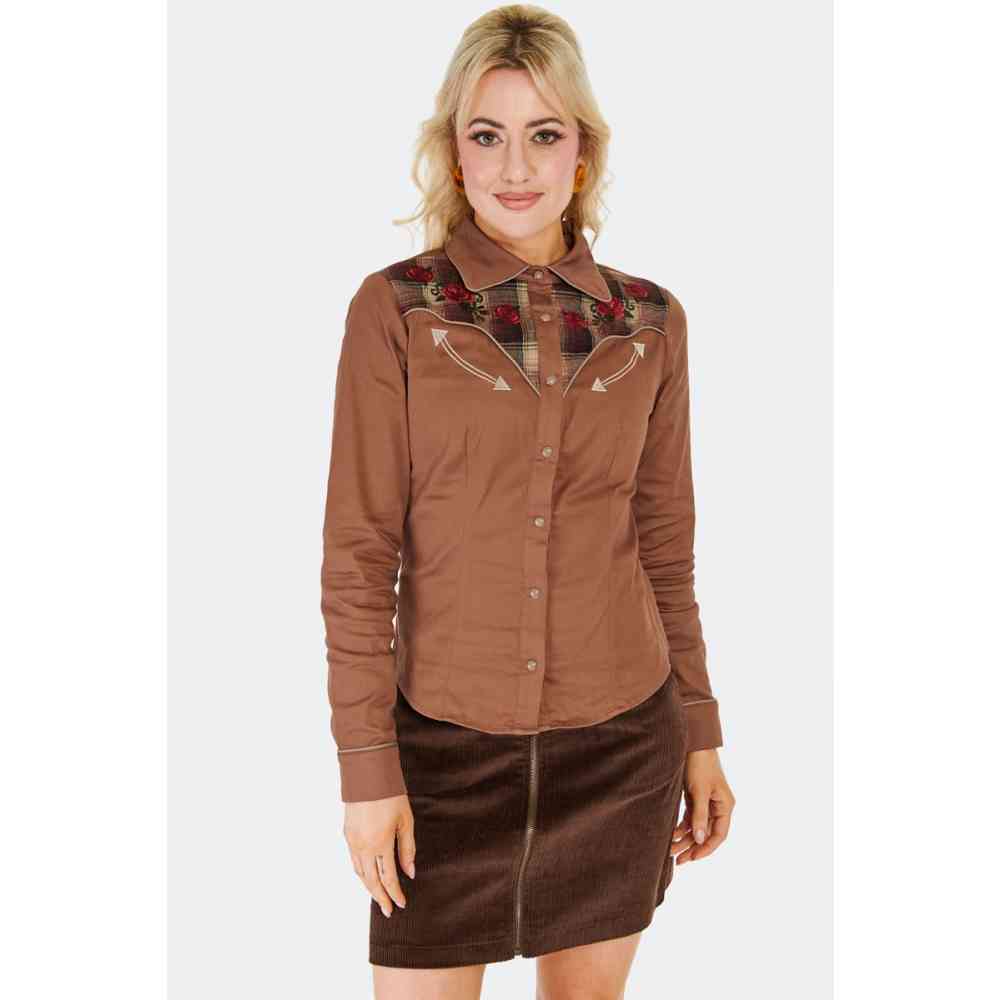 Voodoo Vixen - Western Style Plaid Panel Chemisier - Marron